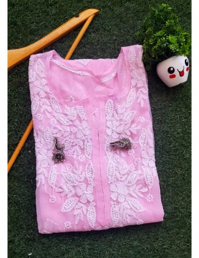 Chhangamal Hand Embroidered Womens Pink Colour Faux Georgette Chikankari Kurti