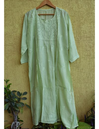 Chhangamal Hand Embroidered Womens Pistachio Green Colour Chanderi Chikankari Kurta set