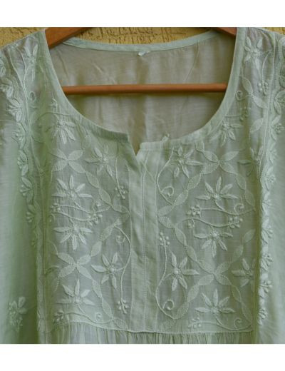 Chhangamal Hand Embroidered Womens Pistachio Green Colour Chanderi Chikankari Kurta set