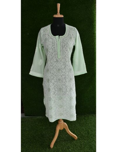 Chhangamal Hand Embroidered Womens Pistachio Green Colour Cotten Chikankari Kurti