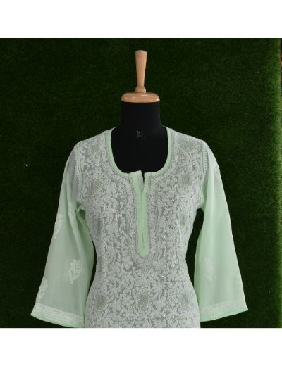 Chhangamal Hand Embroidered Womens Pistachio Green Colour Cotten Chikankari Kurti