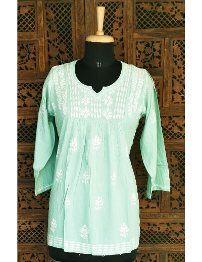 Chhangamal Hand Embroidered Womens Pistachio Green Colour Modal Chikankari Top