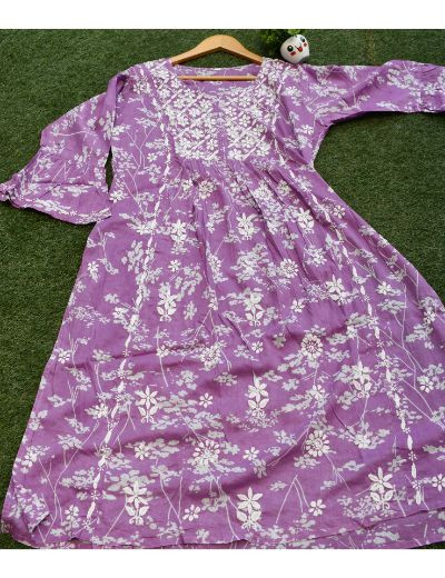 Chhangamal Hand Embroidered Womens Purple Colour Cotton Chikankari Kurti