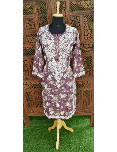 Chhangamal Hand Embroidered Womens Purple Colour Cotton Printed Chikankari Kurti