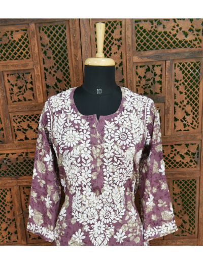 Chhangamal Hand Embroidered Womens Purple Colour Cotton Printed Chikankari Kurti
