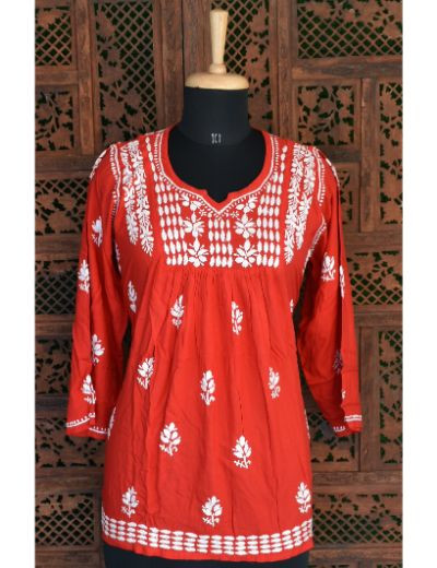 Chhangamal Hand Embroidered Womens Red Colour Modal Chikankari Top