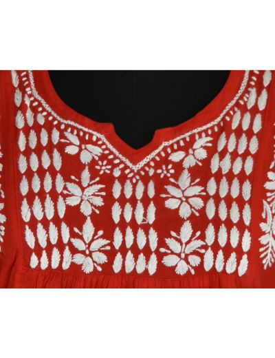 Chhangamal Hand Embroidered Womens Red Colour Modal Chikankari Top