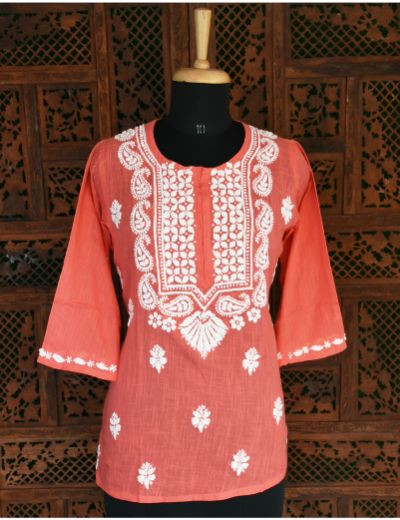 Chhangamal Hand Embroidered Womens Reddish Colour Cotton Chikankari Short Top