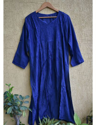 Chhangamal Hand Embroidered Womens Royal Blue Colour Chanderi Chikankari Kurta set