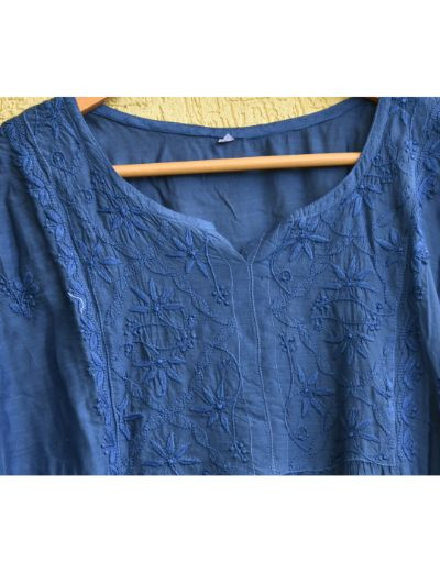 Chhangamal Hand Embroidered Womens Royal Blue Colour Chanderi Chikankari Kurta set