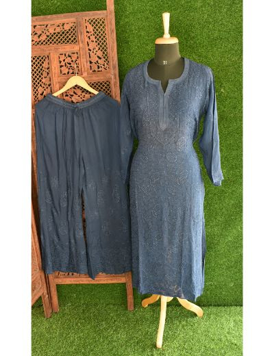 Chhangamal Hand Embroidered Womens Royal Blue Colour Pure Georgette Chikankari Kurta Set