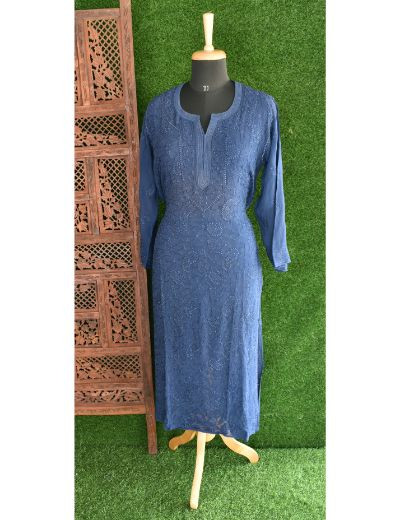 Chhangamal Hand Embroidered Womens Royal Blue Colour Pure Georgette Chikankari Kurta Set