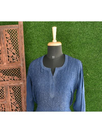 Chhangamal Hand Embroidered Womens Royal Blue Colour Pure Georgette Chikankari Kurta Set
