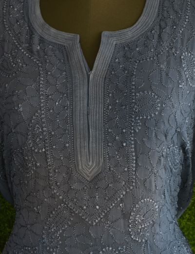 Chhangamal Hand Embroidered Womens Royal Blue Colour Pure Georgette Chikankari Kurta Set