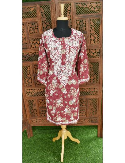 Chhangamal Hand Embroidered Womens Rust Colour Cotton Printed Chikankari Kurti