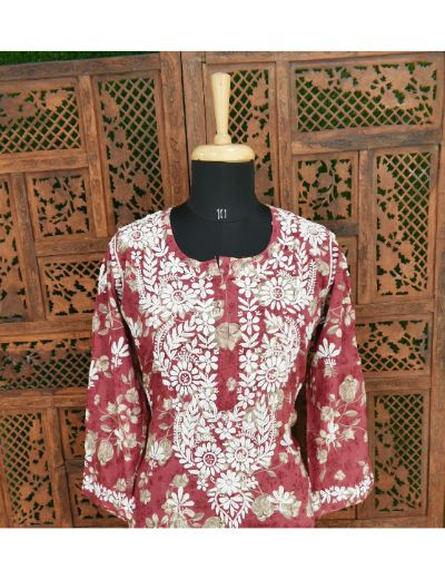 Chhangamal Hand Embroidered Womens Rust Colour Cotton Printed Chikankari Kurti