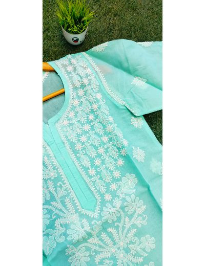 Chhangamal Hand Embroidered Womens Sea Green Colour Cotton Chikankari Kurti