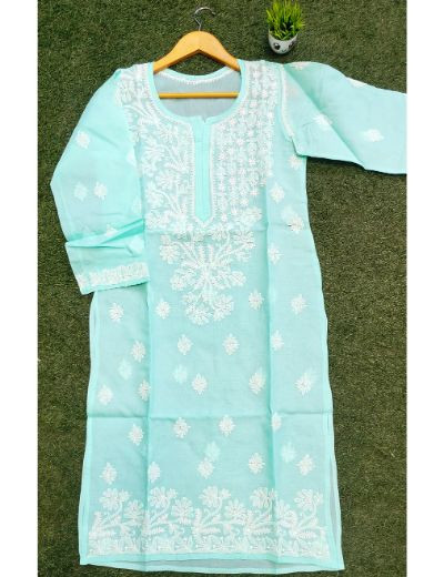 Chhangamal Hand Embroidered Womens Sea Green Colour Cotton Chikankari Kurti