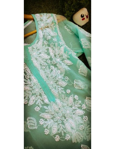 Chhangamal Hand Embroidered Womens Sea Green Colour Faux Georgette Chikankari Kurti