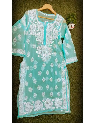 Chhangamal Hand Embroidered Womens Sea Green Colour Faux Georgette Chikankari Kurti