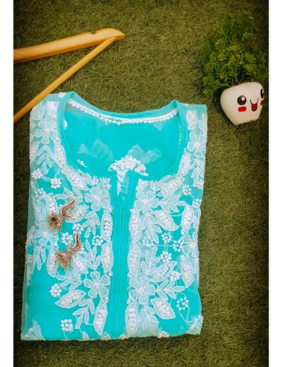 Chhangamal Hand Embroidered Womens Sea Green Colour Faux Georgette Chikankari Kurti