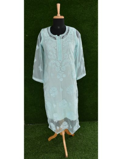 Chhangamal Hand Embroidered Womens Sea Green Colour Organza Chikankari Kurti