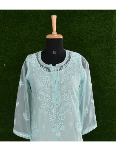 Chhangamal Hand Embroidered Womens Sea Green Colour Organza Chikankari Kurti