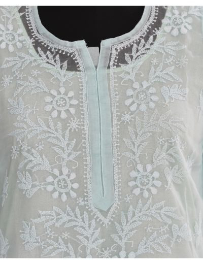 Chhangamal Hand Embroidered Womens Sea Green Colour Organza Chikankari Kurti