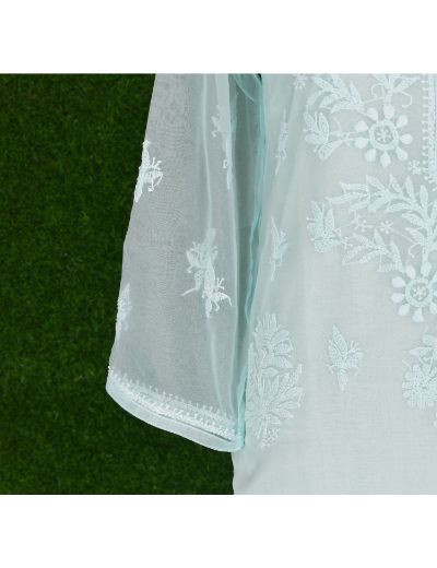 Chhangamal Hand Embroidered Womens Sea Green Colour Organza Chikankari Kurti
