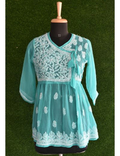 Chhangamal Hand Embroidered Womens Sea Green Faux Georgette Chikankari Short Top