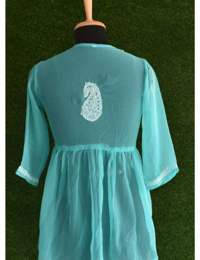 Chhangamal Hand Embroidered Womens Sea Green Faux Georgette Chikankari Short Top