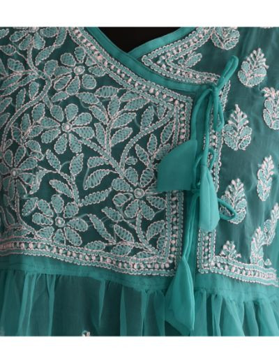 Chhangamal Hand Embroidered Womens Sea Green Faux Georgette Chikankari Short Top