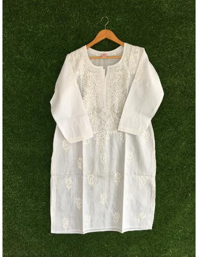 Chhangamal Hand Embroidered Womens White Colour Cotton Chikankari Kurti