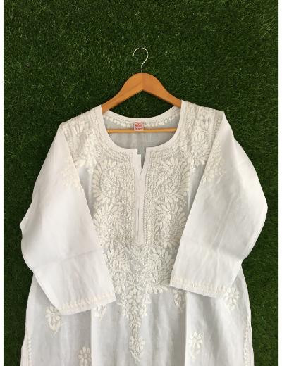Chhangamal Hand Embroidered Womens White Colour Cotton Chikankari Kurti
