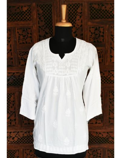 Chhangamal Hand Embroidered Womens White Colour Modal Chikankari Top
