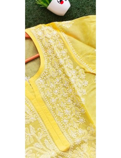 Chhangamal Hand Embroidered Womens Yellow Colour Cotton Chikankari Kurti