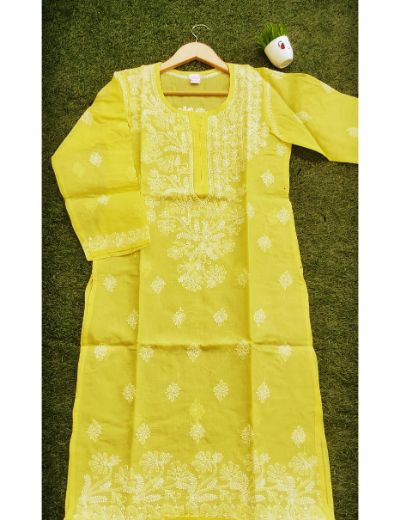 Chhangamal Hand Embroidered Womens Yellow Colour Cotton Chikankari Kurti
