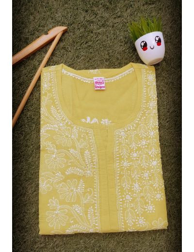 Chhangamal Hand Embroidered Womens Yellow Colour Cotton Chikankari Kurti
