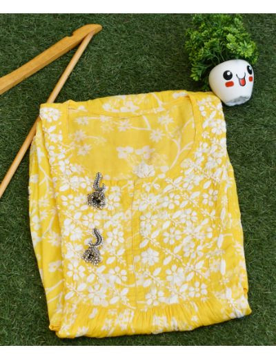 Chhangamal Hand Embroidered Womens Yellow Colour Cotton Chikankari Kurti