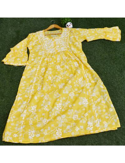 Chhangamal Hand Embroidered Womens Yellow Colour Cotton Chikankari Kurti