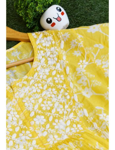 Chhangamal Hand Embroidered Womens Yellow Colour Cotton Chikankari Kurti