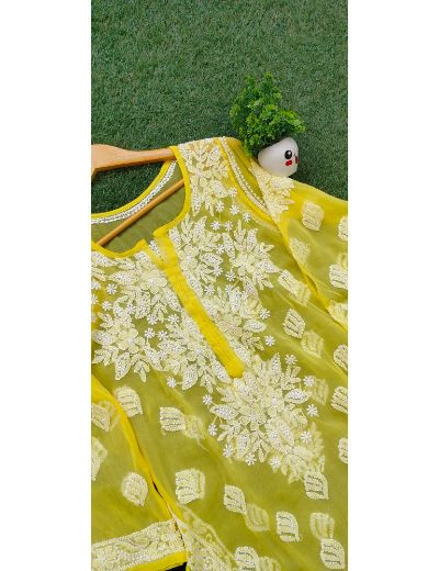 Chhangamal Hand Embroidered Womens Yellow Colour Faux Georgette Chikankari Kurti
