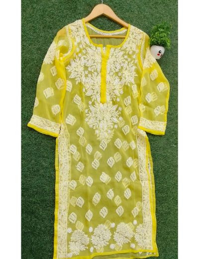 Chhangamal Hand Embroidered Womens Yellow Colour Faux Georgette Chikankari Kurti