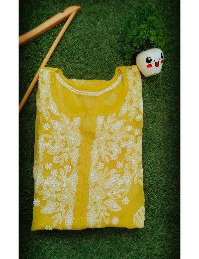 Chhangamal Hand Embroidered Womens Yellow Colour Faux Georgette Chikankari Kurti