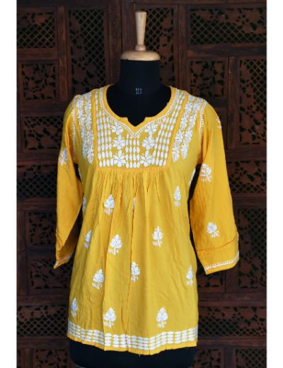 Chhangamal Hand Embroidered Womens Yellow Colour Modal Chikankari Top