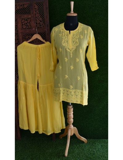 Chhangamal Hand Embroidered Womens Yellow Colour Pure Georgette Chikankari Kurta Set