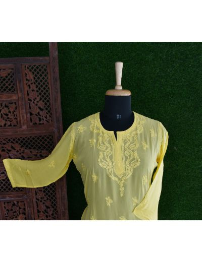 Chhangamal Hand Embroidered Womens Yellow Colour Pure Georgette Chikankari Kurta Set