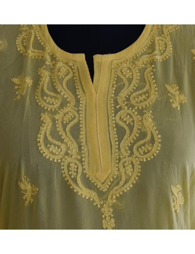 Chhangamal Hand Embroidered Womens Yellow Colour Pure Georgette Chikankari Kurta Set