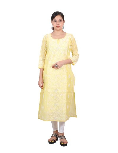 Chhangamal Hand Embroidered Yellow Colour Chanderi Cotton Chikankari Kurti