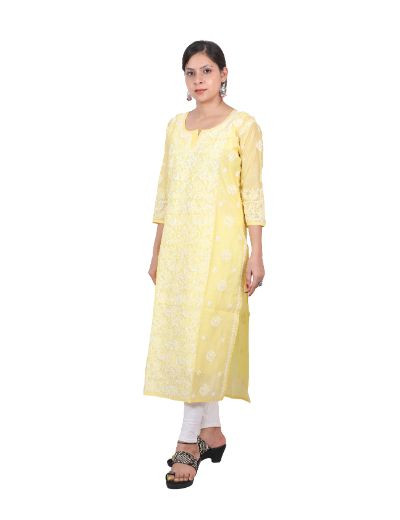 Chhangamal Hand Embroidered Yellow Colour Chanderi Cotton Chikankari Kurti